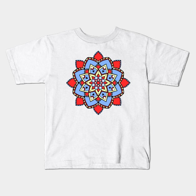 Red and blue mandala pattern Kids T-Shirt by destinybetts